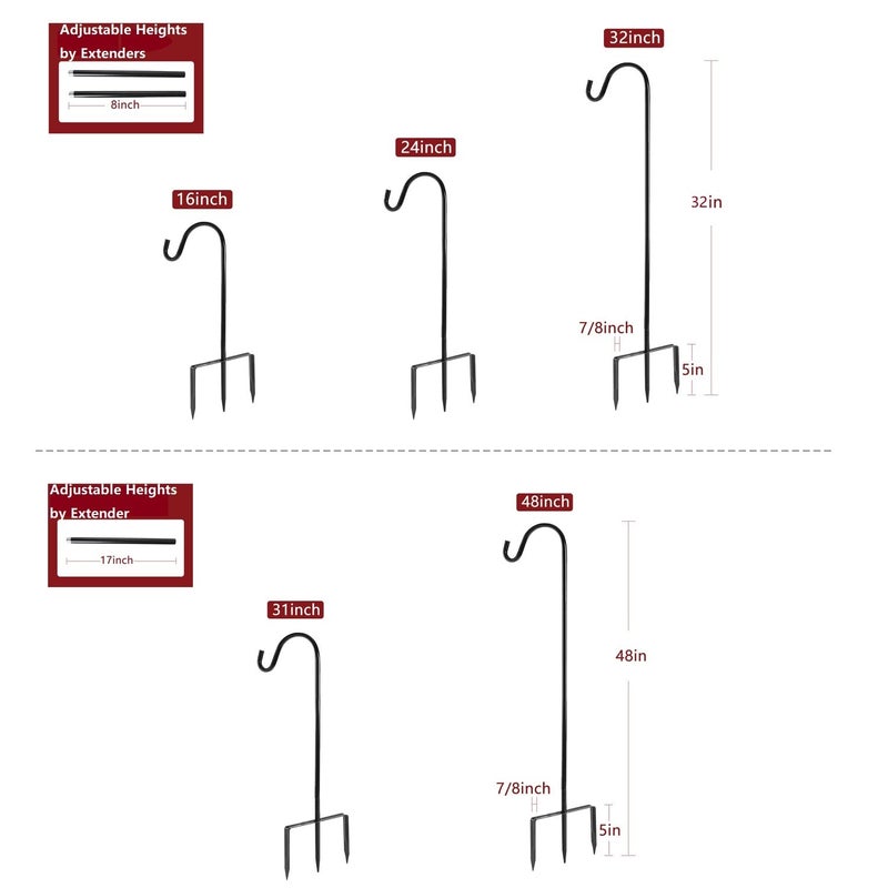 EXCMARK Shepherd Hook Adjustable Height 32/24/16â€™â€™ 1/2 inch Thick Use at Weddings, Hanging Solar Lights, Lanterns, Bird Feeders, Metal Hanger Hook (Black,32inch). U.S. Patent. - Image 2